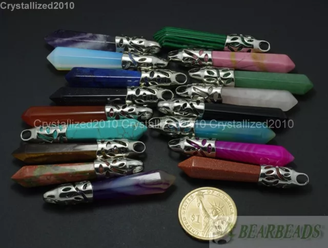 Natural Gemstone Long Hexagonal Pointed Reiki Chakra Healing Pendant Beads Pick 3