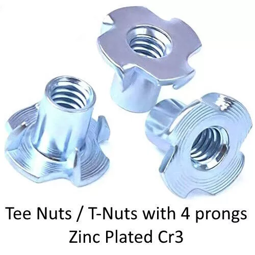 M4 M5 M6 M8 M10 Four 4 Pronged Base Captive Tee Nuts Bright Zinc Plated