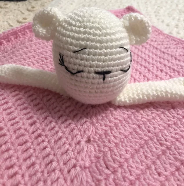 Handmade Crochet 15” X 15” Lovey Security Blanket Sleeping Bear  Pink White