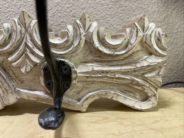 Vintage Thick Carved Painted Wood Wall Hanger w/ 2 Heavy Iron Hooks India Made 7