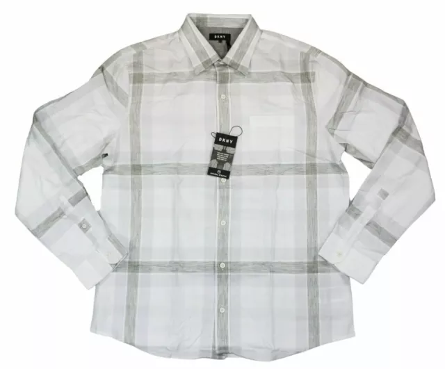 DKNY Box Plaid Cotton Long Sleeve Button Down Shirt XXL NWT Marshmallow Heather