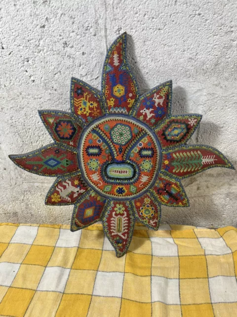 Vintage Huichol Beaded Sun Sol Face Handmade Mexican Folk Art  17" x 17"
