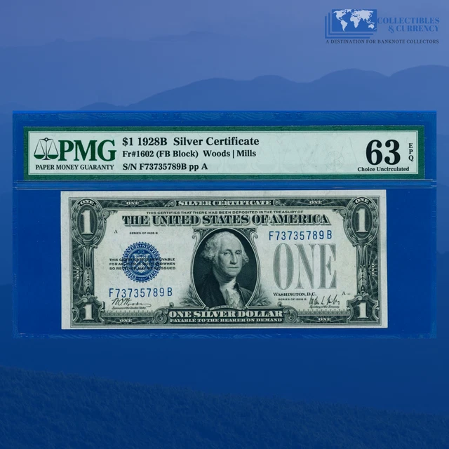 Fr.1602 1928B $1 Silver Certificate Blue Seal, "FUNNYBACK", PMG 63 EPQ #35789