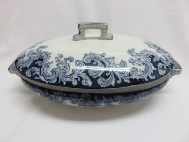 Antique Vintage England Flow Blue Pottery Covered Casserole Dish Bowl