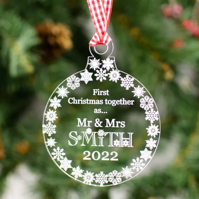 Personalised First Christmas Mr & Mrs Tree Decoration. Married Bauble Gift Clear