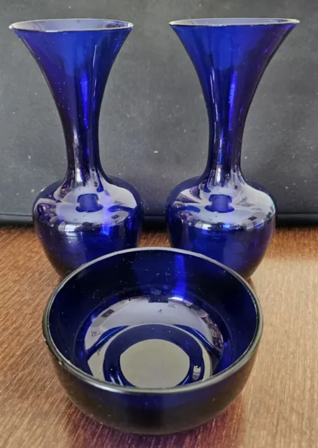 Cobalt Blue Glass Lot - Matching pair of Vases plus small bowl