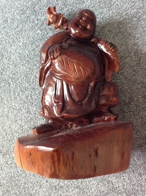 Vintage 12 "  Antique Chinese Carved fm Whole WOOD Happy Laughing  Buddha Statue