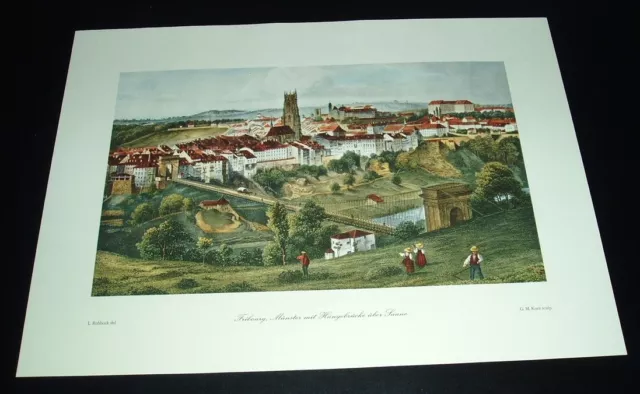 Fribourg/Freiburg - Münster und.... / Stadtbild nach altem, coloriertem Stich