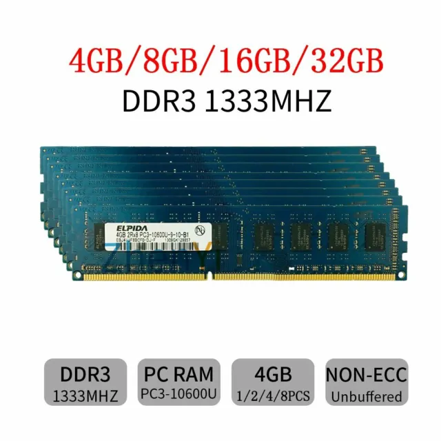 32GB 16GB 8GB 4GB DDR3 1333 PC3-10600U 2Rx8 240Pin DIMM Memory RAM Elpida Lot BT