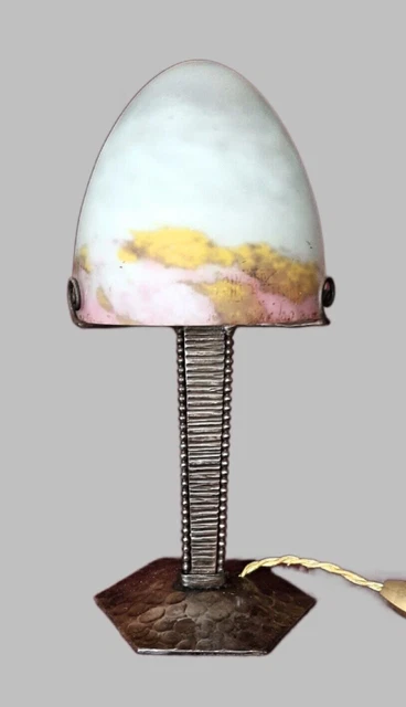 MULLER Freres Art Deco lamp, signed, original antique, superb hammered steel bas