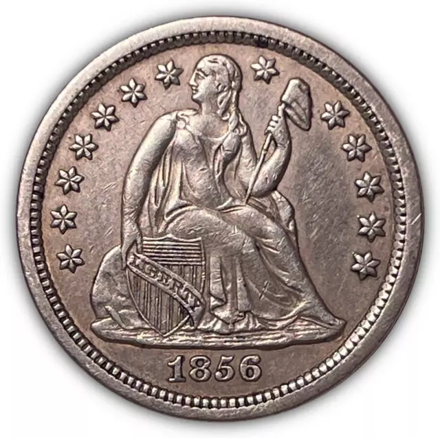 1856 Small Date Seated Liberty Dime Almost Uncirculated AU Coin, Cleaning #6437