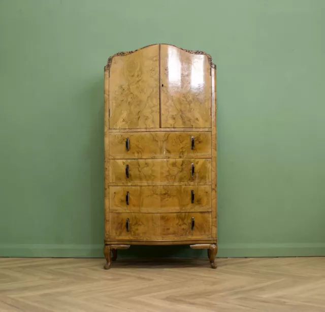 DELIVERY £70 Vintage Art Deco Burr Walnut Tallboy / Linen Cabinet Press, 1930's