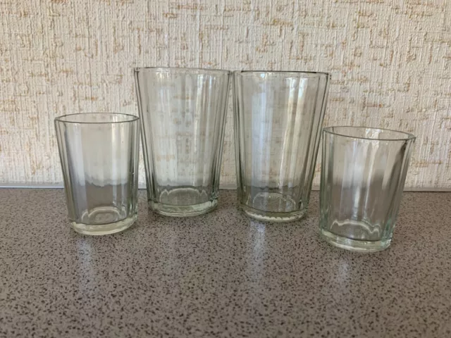 Set of 4 Soviet Faceted glasses, 2 for Russian tea, 2 for vodka. Vintage USSR