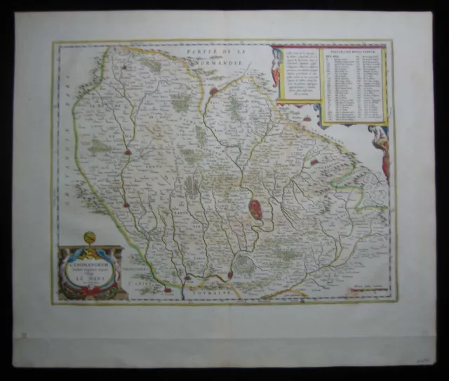 1647 Original Antique Blaeu Map Le Mans Maine of France Full Margin Excellent