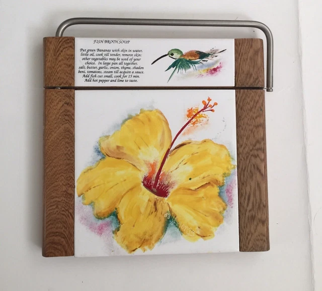 Lorenxa Robinson Hand Painted Tile Cheese Board Hibiscus Bird Wood Artist Signed