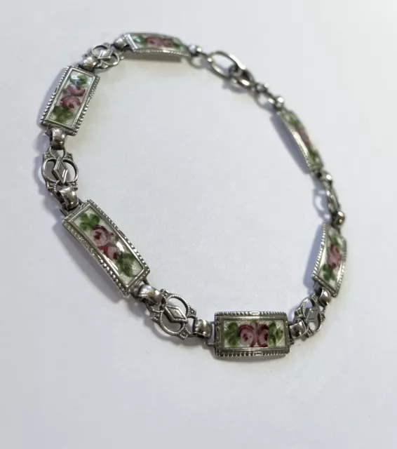 Vintage Art Deco Guilloche Enamel Pink Rose Bracelet Sterling Silver 925