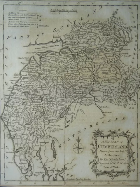 c1764 Original English Antique County Map of CUMBERLAND by Thomas Kitchin