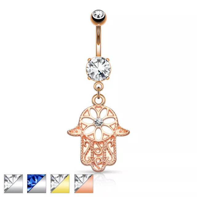 Beaded Hamsa Hand with CZ Dangle 14K Gold Plated Navel Belly Ring 14g 3/8"