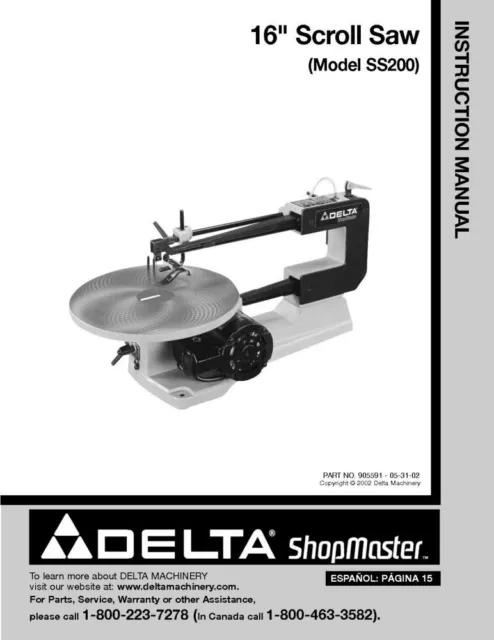 Delta SS200 16" Scroll Saw Instruction Manual Printed or PDF FREE SHIPPING