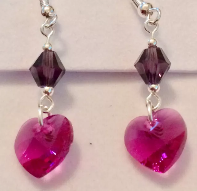 Sterling Silver Crystal Fuchsia Heart Beaded Earrings 2