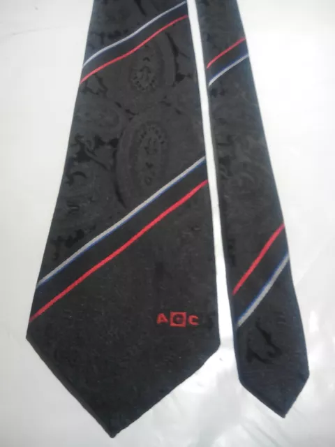 Men's Vintage Tie in Black Embossed Paisley with a Red and Blue Stripe