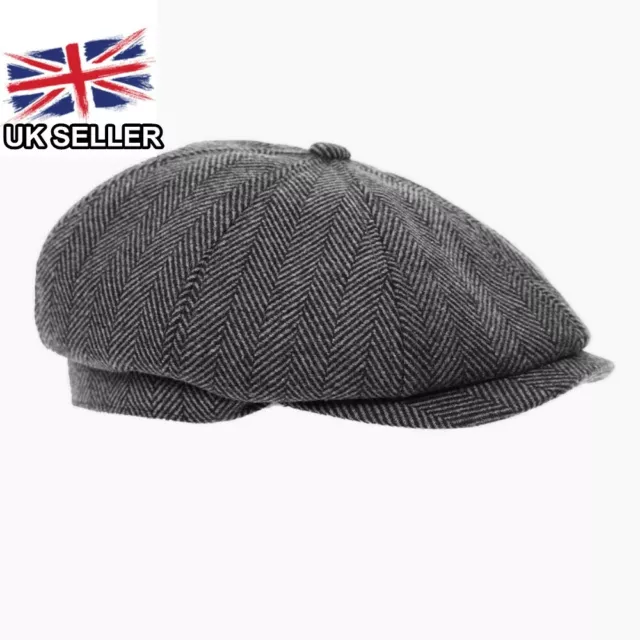 Gris Tweed Espiguilla Gatsby Hombre 8 Panel Baker Papelero Gorra Peaky Blinders