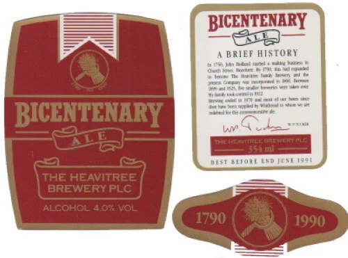 Heavitree Brewery PLC (Whitbread) Bicentenary Ale Beer Bottle Label 354ml