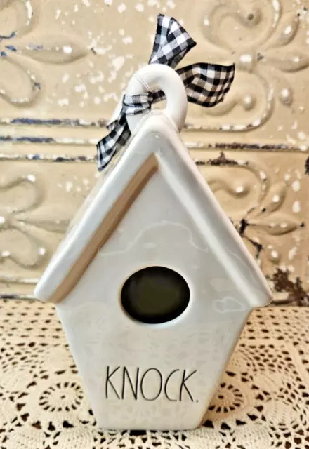 Ceramic Square Rae Dunn by Magenta " Knock" Ceramic Birdhouse Black White Ribbon