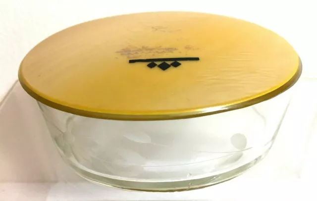 Art Deco Oval Vanity Dresser Powder Jar Pearlized Bakelite Lid , etched cut base