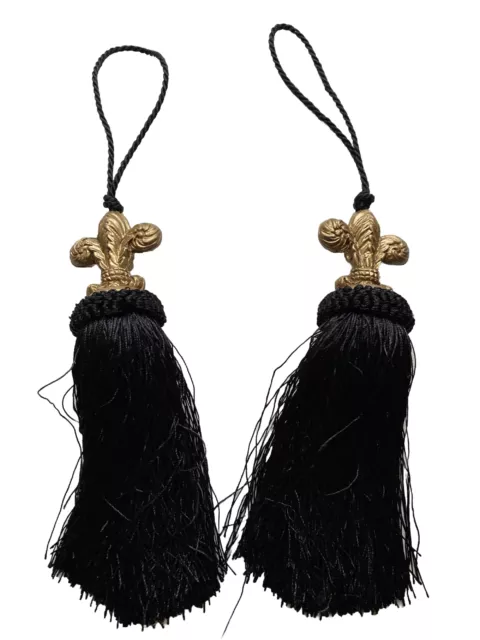 Tassel Bullion Twist Cord Tiebacks Black & Gold Window Curtain Drape Decor Vtg