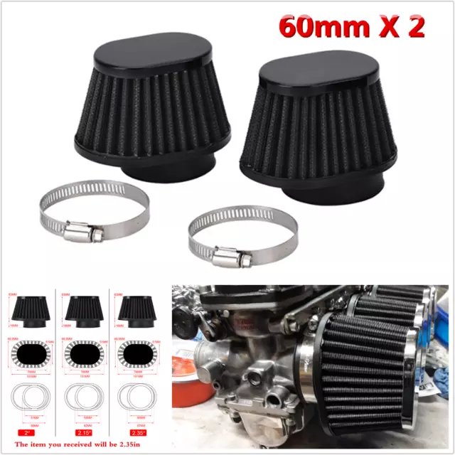 2X 2.35in/60mm Motorcycle Air Filter Cone Clamp-on Intake Pod Cleaner Universal