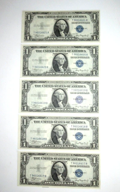 5 Consecutive Numbered 1935 A Series U. S. $1 Silver Certificates (Uncirculated)