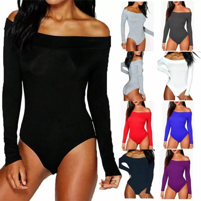 Womens Off Shoulder Long Sleeve  Plain Stretch Bardot Bodysuit Leotard Uk 8-26