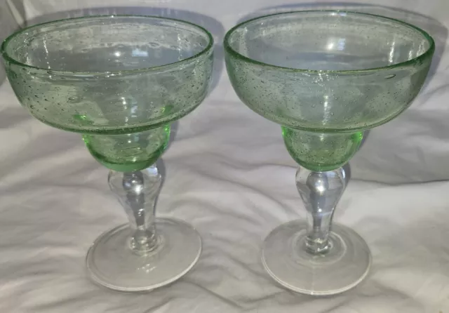 Artland Iris Margarita Highball Handblown Bubble 2 Glasses Goblet Green Cocktail