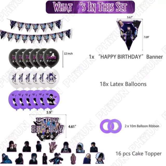 1 x Kit de pancarta de cumpleaños temática Wednesday Addams con tapas de cupcakes + globos