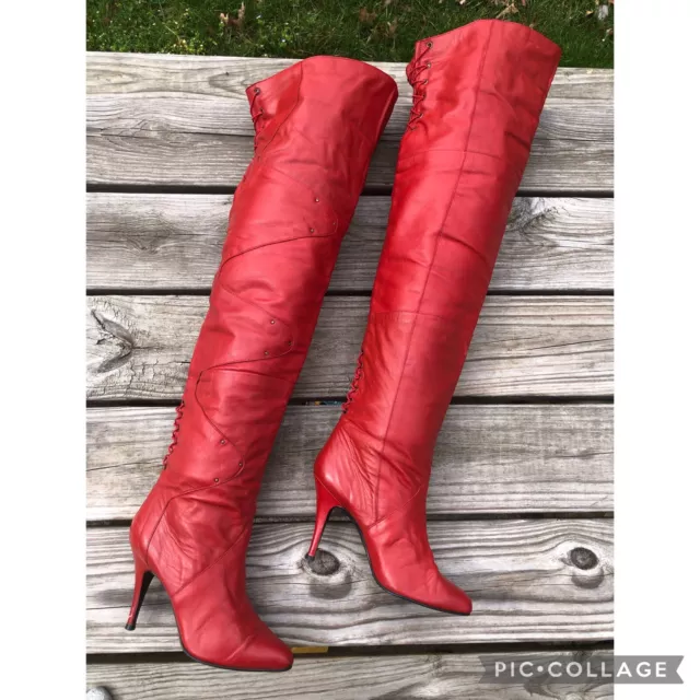Vintage 80s Wild Pair Lipstick Red Leather OTK Thigh High Stiletto Boots 7
