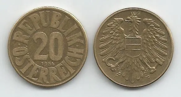 LOT OF 55 Austrian Coins: 1954 Austria 20 Groschen Coin (Aluminum Bronze)