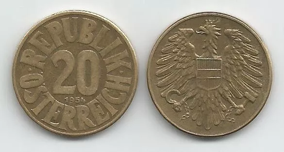 LOT OF 55 Austrian Coins: 1954 Austria 20 Groschen Coin (Aluminum Bronze)