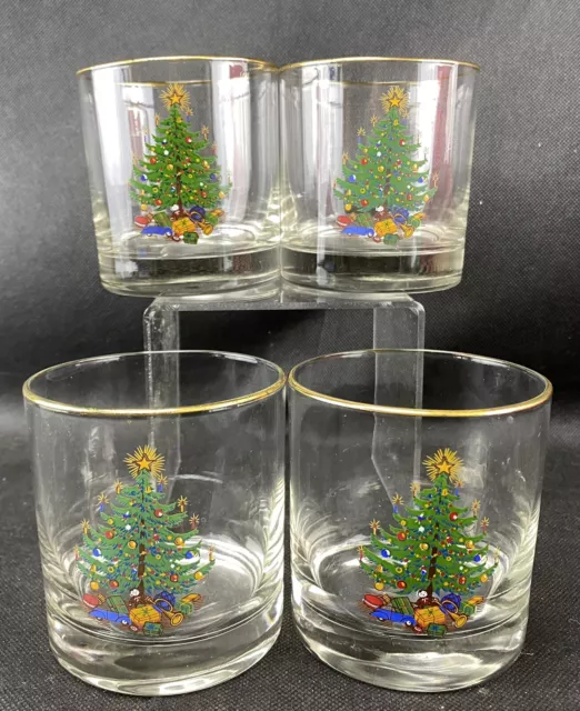 4 Christmas Tree Double Old Fashioned Glasses Holly Gold Rim Neiman Marcus