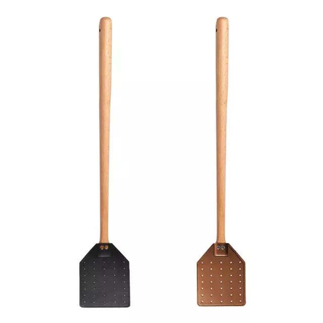 1*Heavy Duty Leather Fly Swatter/Brown Black Leather With Beech-Wood Long Handle