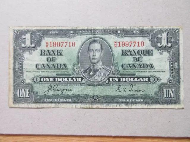 1937 Bank of Canada One Dollar Bill. Coyne - Towers $1 F-VF Bank Note (PS4-D)