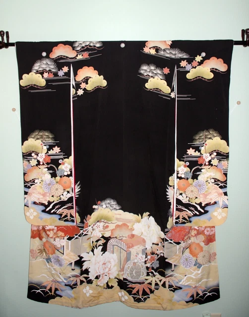 Classic! Antique Vintage Japanese Kimono Kuro furisode hikizuri Taisho Showa