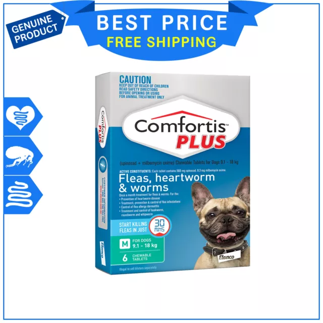 COMFORTIS PLUS for Dogs 9.1 to 18 Kg GREEN 6 Chews Flea Heartworm treatment