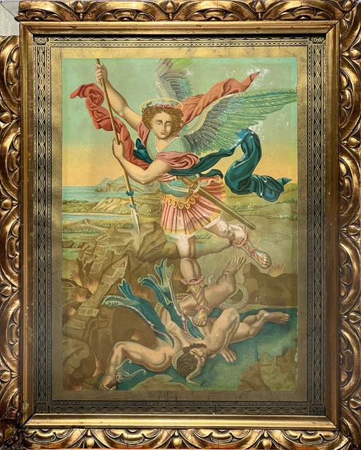 antikes Heiligenbild Hl. Michael Speer Teufel Farblithographie Goldrahmen defekt