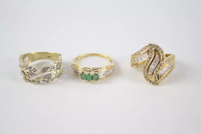 Sterling Silver Rings Gold Tone Emerald Cocktail Trilogy x 3 (13g)