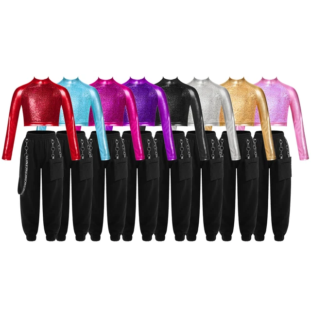 Girls Outfit Hip Hop Tracksuit Sequin Clothing Set Mock Neck Dancewear Dance