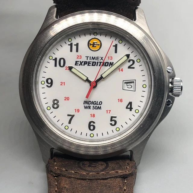 TIMEX EXPEDITION WATCH Men Silver Tone White Dial Indiglo Date New