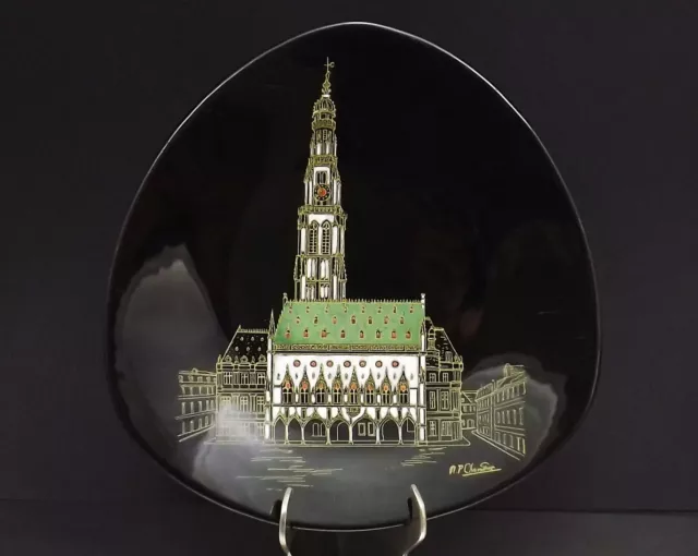 Longwy Plat Decoratif Faience Emaillee Noire Le Beffroi D'arras Vers 1960