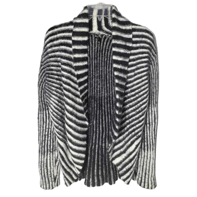 Ravel Long Drape Cardigan Sweater M Ombre Black/White Eyelash Fur