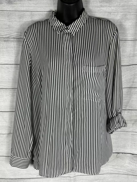 APT. 9 Womens Button Up Blouse Size XL Black Stripe Roll Tab Sleeve Shirt Top